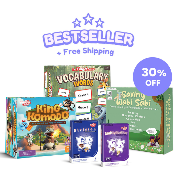 Educational game boxes with promotional text on a white background.