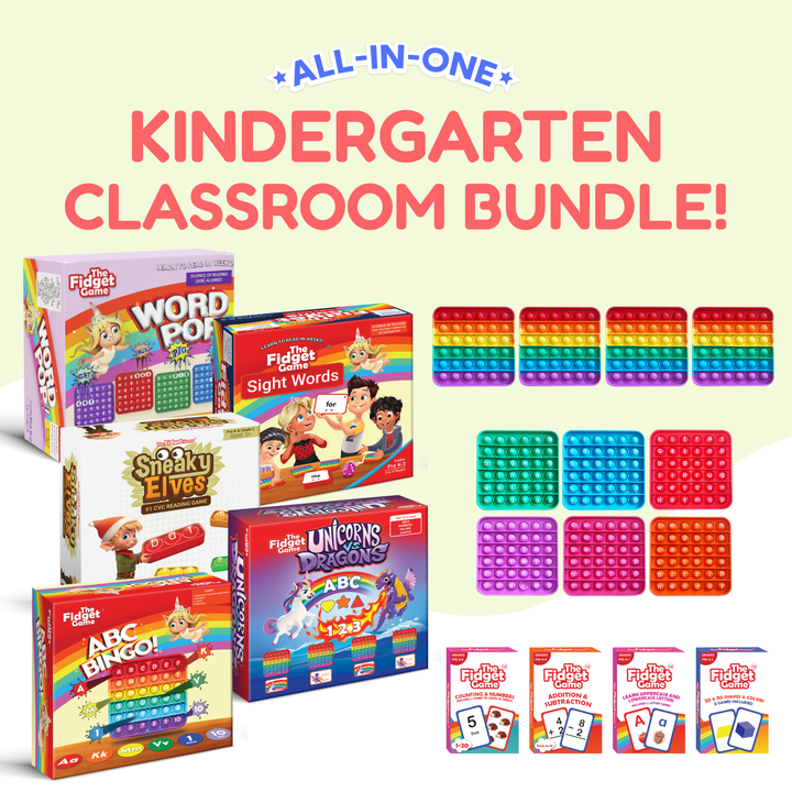 All-in-one kindergarten classroom bundle with educational games and pop-it fidget toys on a light yellow background.