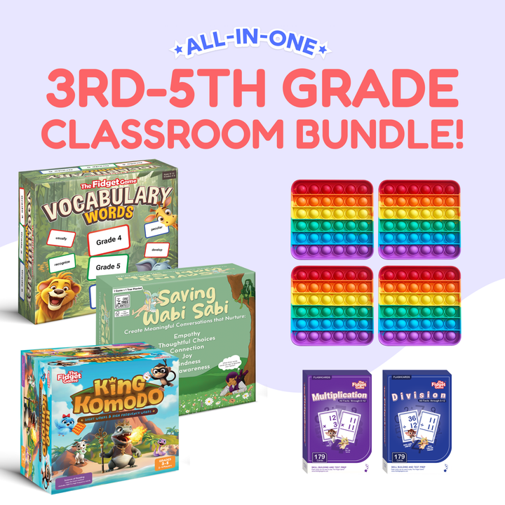Educational classroom bundle with games and pop-it toys on a light purple background.