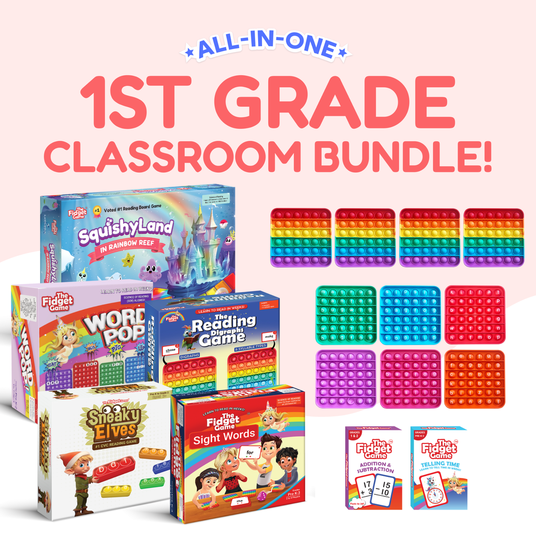 Educational classroom bundle with colorful pop it toys and educational games on a light pink background.