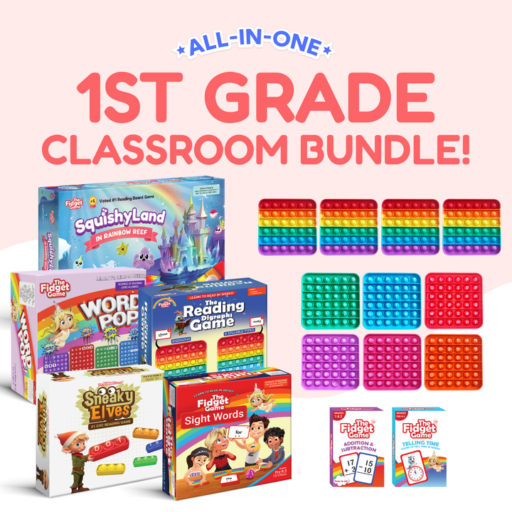 Educational classroom bundle with colorful pop it toys and educational games on a light pink background.