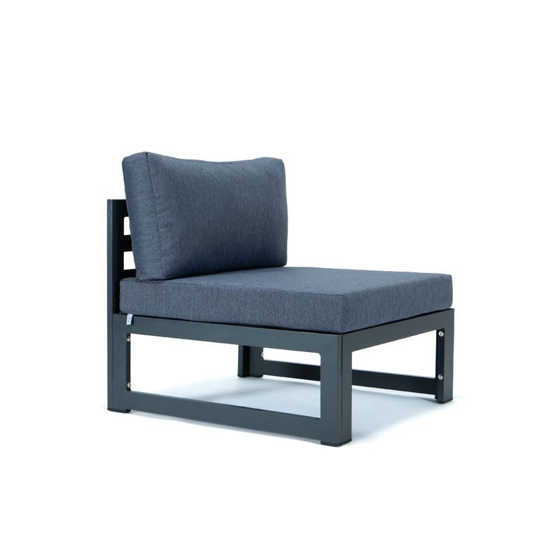 LeisureMod Chelsea 5-Piece Middle Patio Chairs and Coffee Table Set Black Aluminum with Cushions Blue Chair Photo.