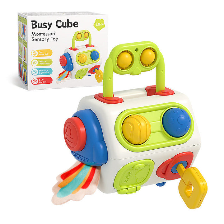 Colorful Busy Cube Montessori sensory toy with packaging on a white background.