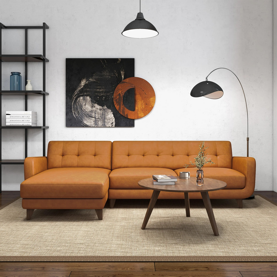 Allison Left-Facing Tan Leather Sectional Sofa Front View.