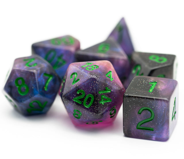 Purple & Blue w/green Galaxy Glitter 7-Dice Set RPG