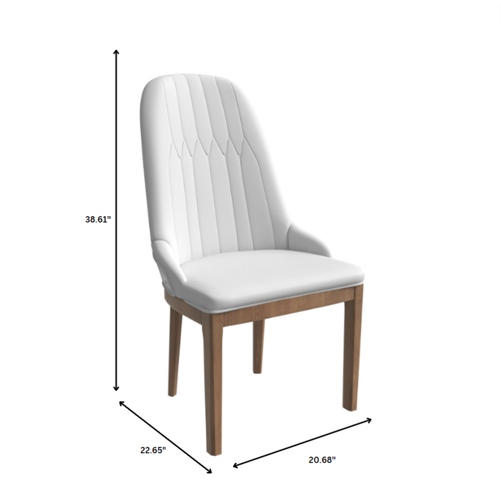 White upholstered chair with wooden legs and dimensions indicated on a white background.