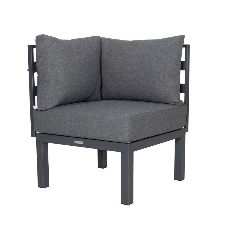 LeisureMod Chelsea 7-Piece Patio Sectional and Coffee Table Set Black Aluminum with Cushions Black Corner Piece.