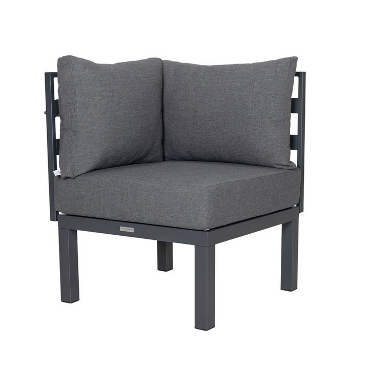 LeisureMod Chelsea 7-Piece Patio Sectional and Coffee Table Set Black Aluminum with Cushions Black Corner Piece.