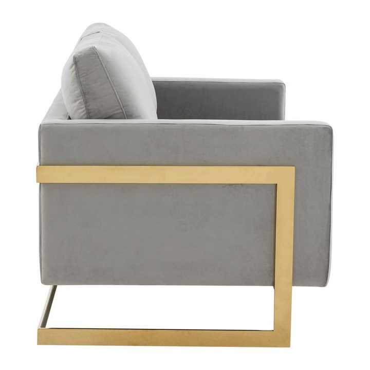 LeisureMod Lincoln Modern Mid-Century Upholstered Velvet Loveseat with Gold Frame Light Grey Side View.
