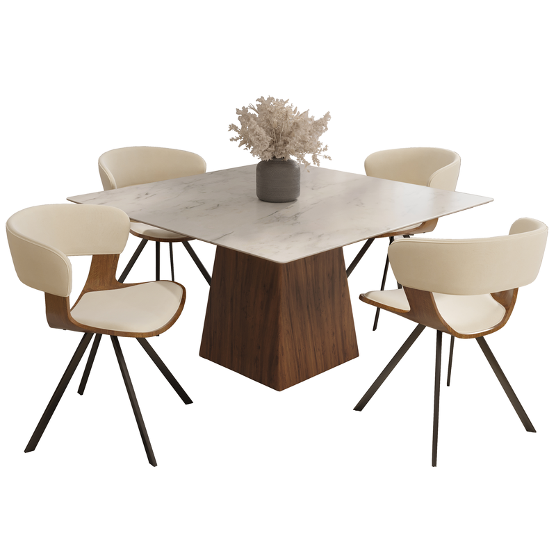 LeisureMod 5-Piece Dining Set with Square Dining Table White Sintered Stone Top and 4 Leather Dining Chairs in Walnut/Beige