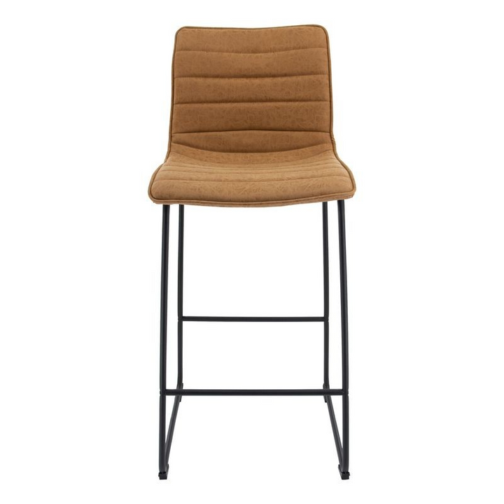 LeisureMod Brooklyn 29.9" Modern Leather Bar Stool with Black Iron Base and Footrest Front View.
