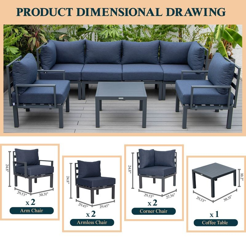 LeisureMod Chelsea 7-Piece Patio Sectional and Coffee Table Set Black Aluminum with Cushions Blue Description.