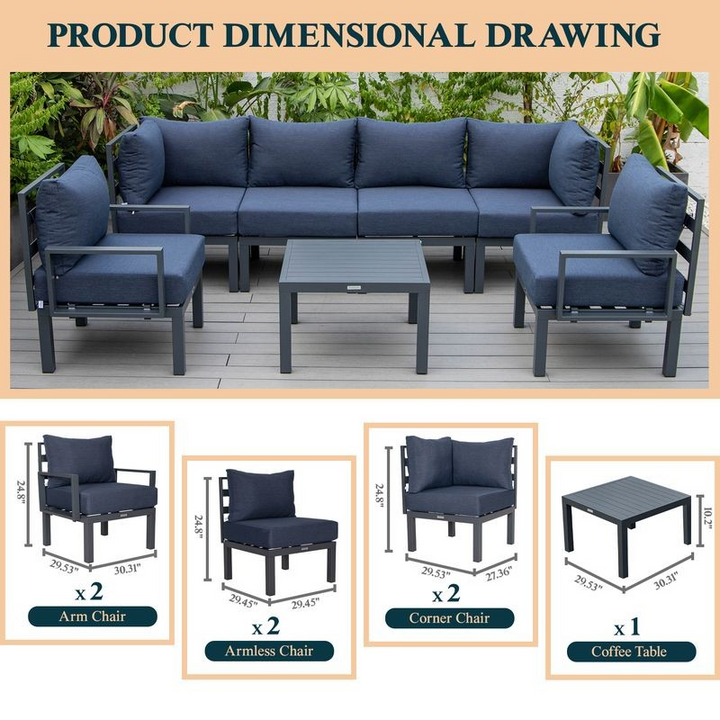 LeisureMod Chelsea 7-Piece Patio Sectional and Coffee Table Set Black Aluminum with Cushions Blue Description.