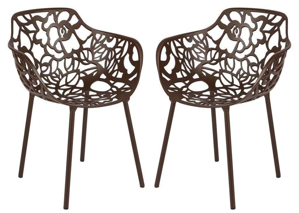 LeisureMod Devon Mid-Century Modern 3-Piece Aluminum Outdoor Patio Dining Set with Tempered Glass Top Table and 2 Stackable Flower Design Armchairs Brown GTogether.