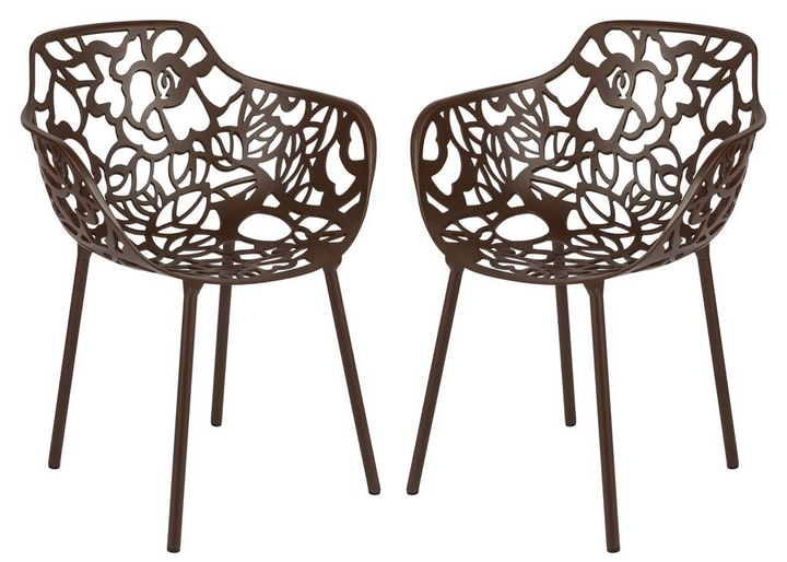 LeisureMod Devon Mid-Century Modern 3-Piece Aluminum Outdoor Patio Dining Set with Tempered Glass Top Table and 2 Stackable Flower Design Armchairs Brown GTogether.