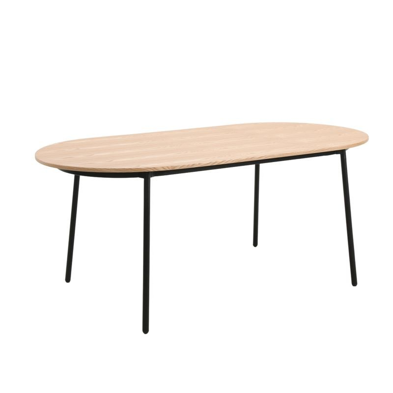 LeisureMod Tule Modern 71" Oval Dining Table with MDF Top and Black Steel Legs in Natural Wood