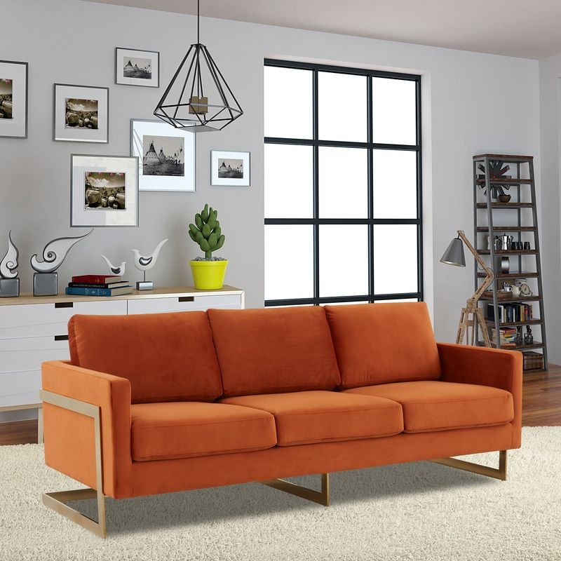 LeisureMod Lincoln Modern Mid-Century Upholstered Velvet Sofa with Gold Frame Orange Marmalade with Background.