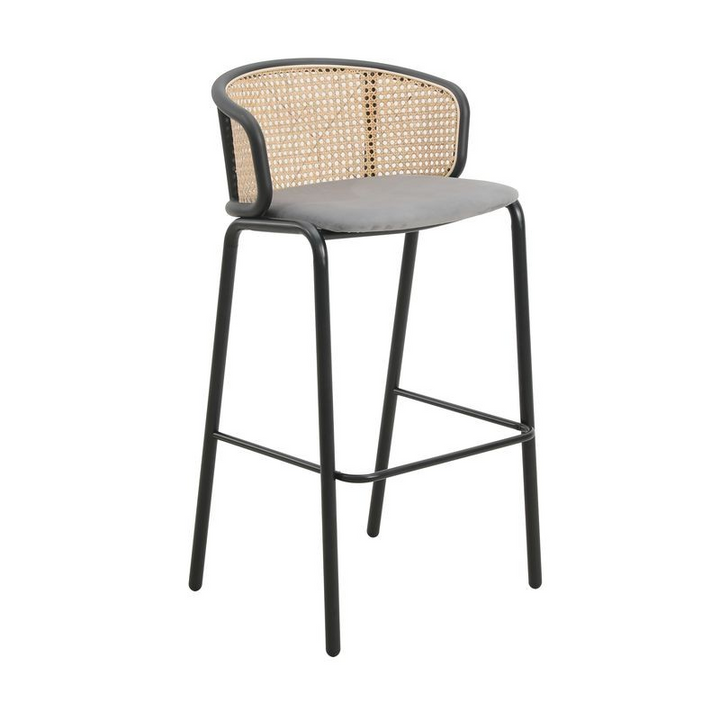 LeisureMod Ervilla Mid-Century Modern Wicker Bar Stool with Fabric Seat and Black Powder Coated Steel Frame for Kitchen and Dining Room in Grey