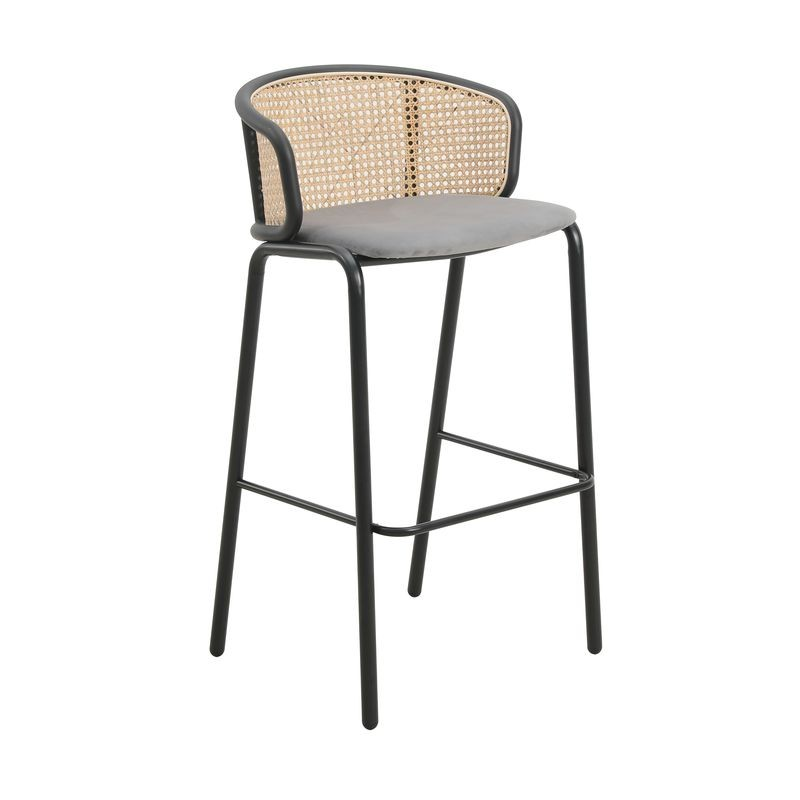 LeisureMod Ervilla Mid-Century Modern Wicker Bar Stool with Fabric Seat and Black Powder Coated Steel Frame for Kitchen and Dining Room in Grey