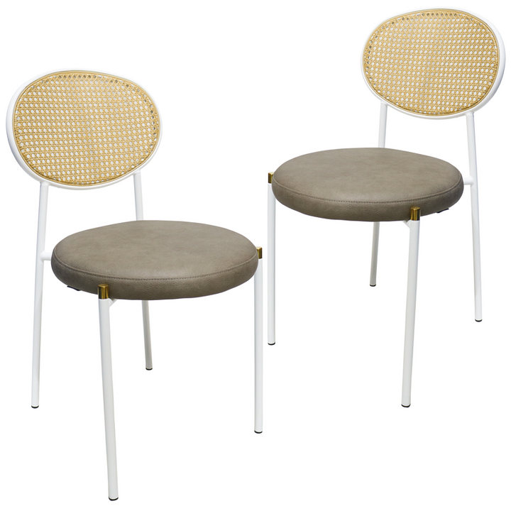 LeisureMod Euston Modern Wicker Dining Chair with White Frame and Leather Seat in Taupe Set of 2