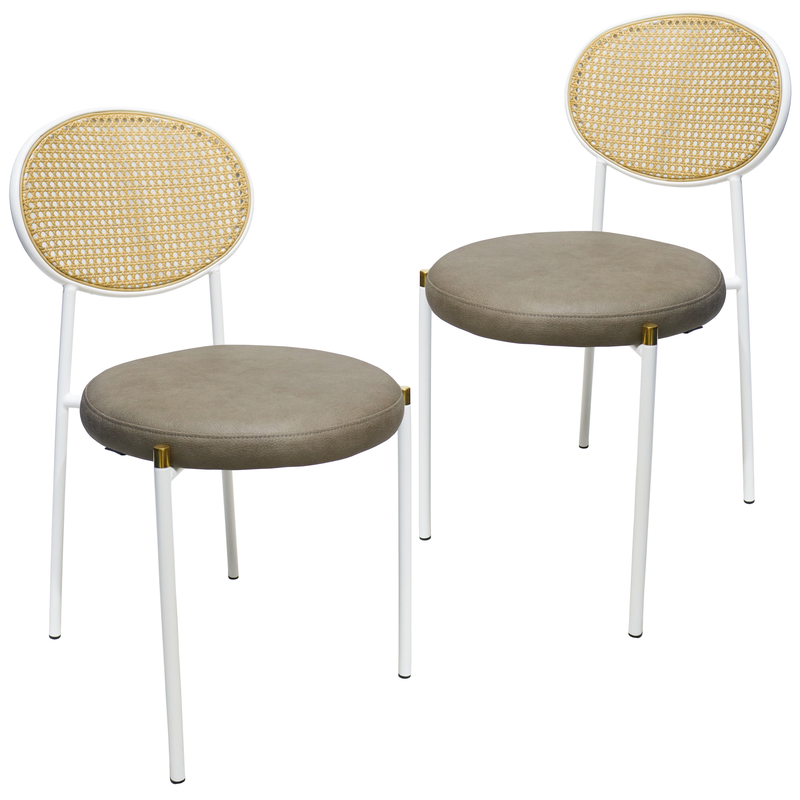 LeisureMod Euston Modern Wicker Dining Chair with White Frame and Leather Seat in Taupe Set of 2