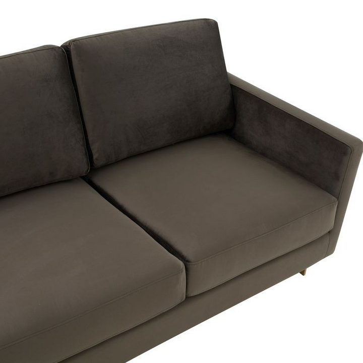 LeisureMod Lincoln Modern Mid-Century Upholstered Velvet Sofa with Gold Frame Dark Grey Closeup.