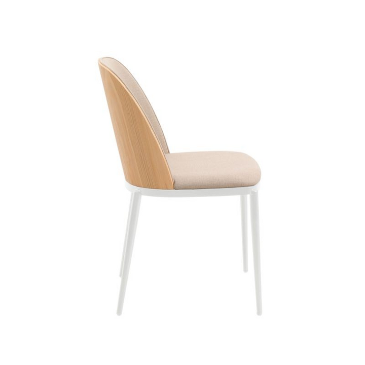LeisureMod Tule Mid-Century Modern Dining Side Chair with Velvet Seat and White Powder-Coated Steel Frame Natural Wood/Brown Side View.