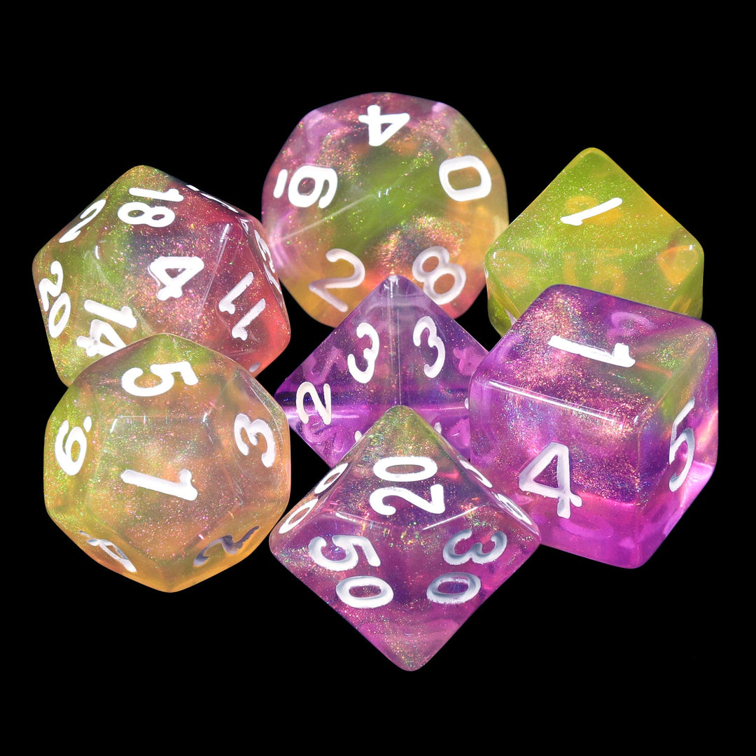 Lemon Jelly Purple/Yellow Glitter 7-Dice Set by HendgaDice
