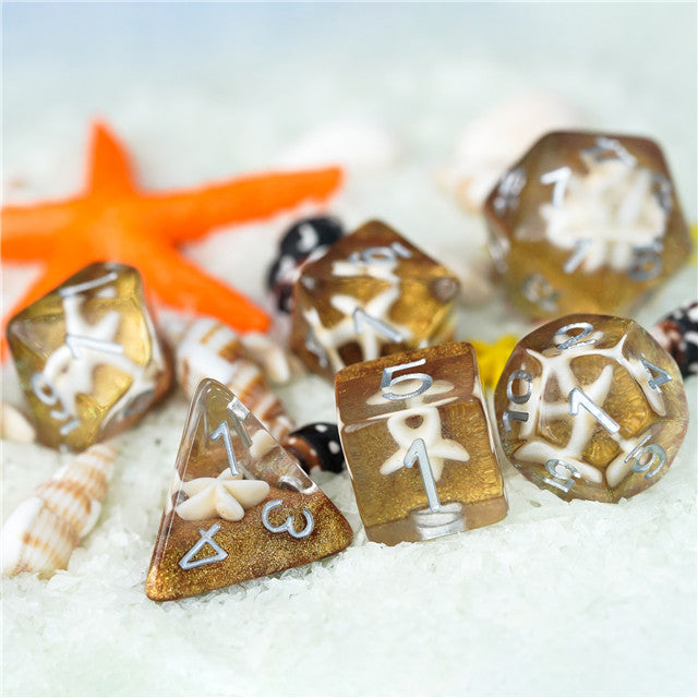 White Starfish Dice on Gold 7-Dice Set Resin Dungeons and Dragons Dice