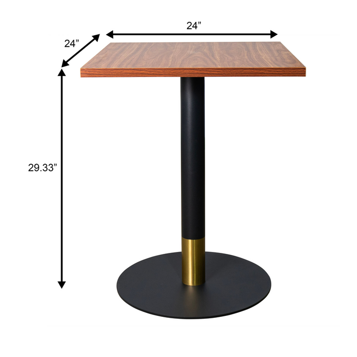 LeisureMod Vail Collection Dining Table Black/Gold Base With 24" Square Cognac Brown MDF Top Dimensions.