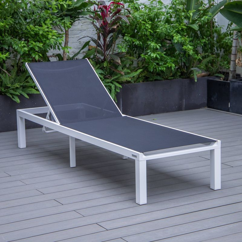 LeisureMod Marlin Modern Aluminum Outdoor Patio Chaise Lounge Chair Set of 2 with Square Fire Pit Side Table Perfect for Patio, Lawn, and Garden Black Photo.