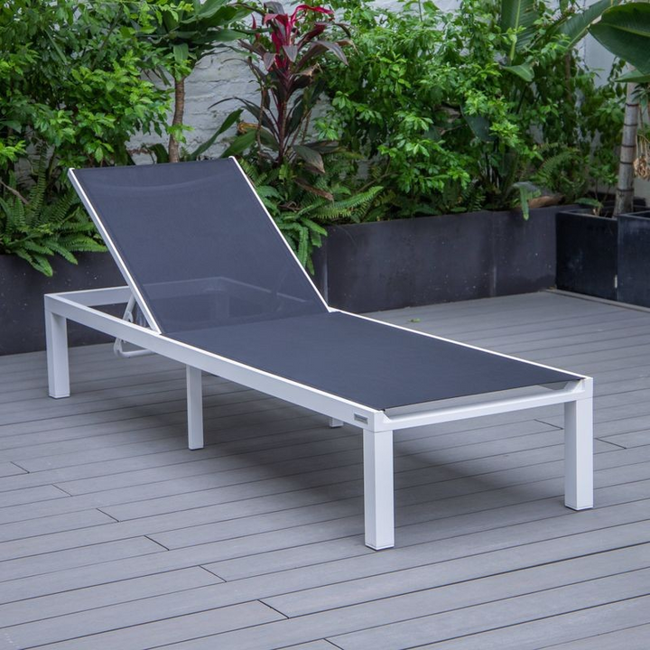 LeisureMod Marlin Modern Aluminum Outdoor Patio Chaise Lounge Chair Set of 2 with Square Fire Pit Side Table Perfect for Patio, Lawn, and Garden Black Photo.