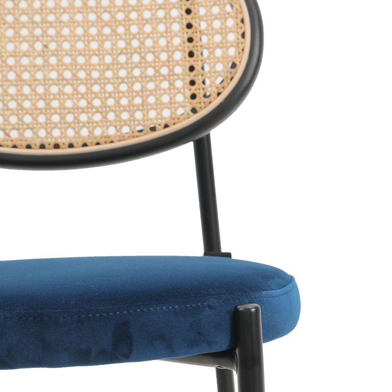 LeisureMod Euston Modern Wicker Bar Stool with Black Steel Frame in Navy Blue Zoomed In.