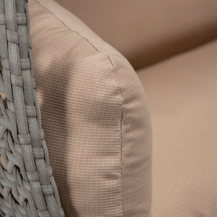 LeisureMod Mendoza Light Grey Wicker Hanging 2 Person Egg Swing Chair Beige Closeup.