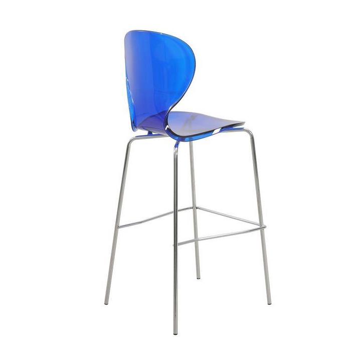 LeisureMod Oyster Acrylic Barstool with Steel Frame in Chrome Finish in Transparent Blue Back View.