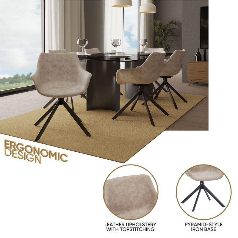 Dining room setup with chairs and table on a beige rug, featuring ergonomic design text.