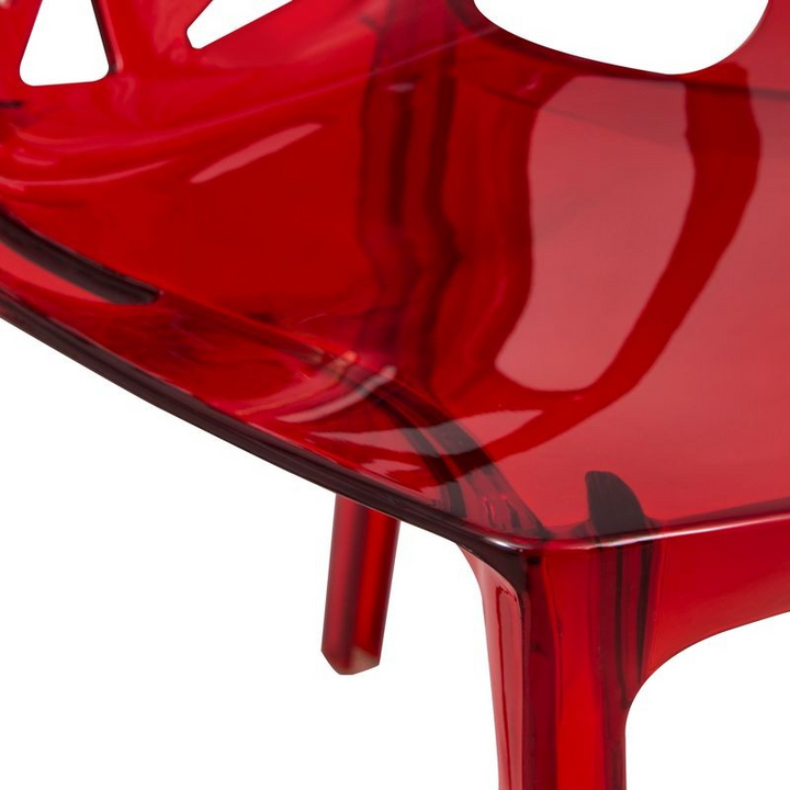 LeisureMod Cornelia Modern Spring Cut-Out Tree Design Stackable Dining Chair Transparent Red Zoomed In.