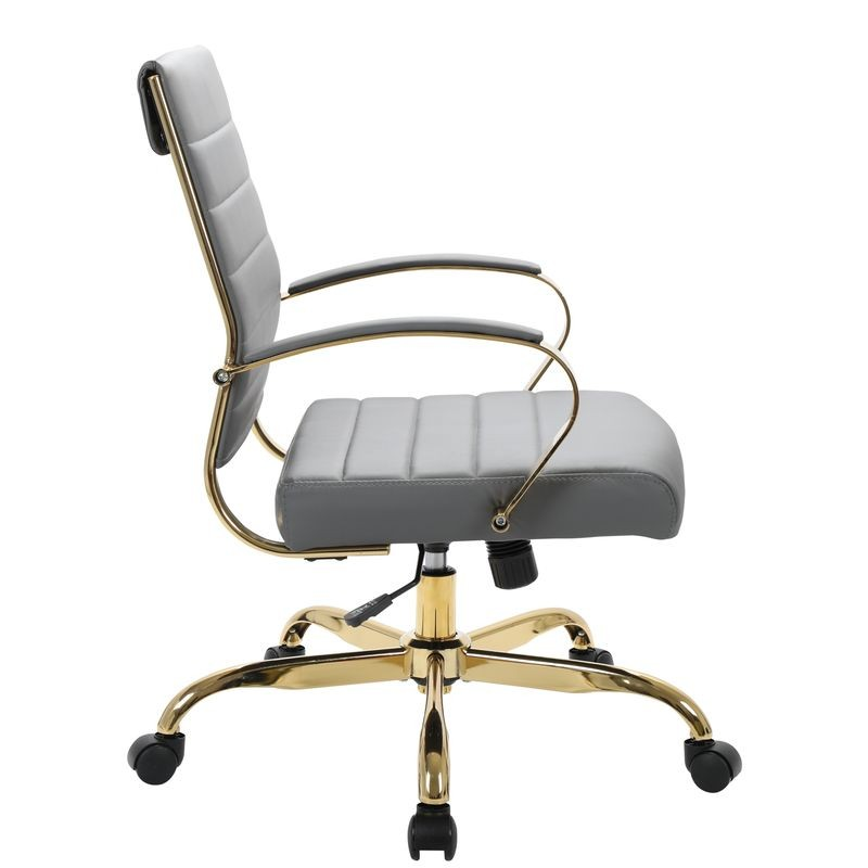 LeisureMod Benmar Home Leather Office Chair with Gold Frame Grey Side View.
