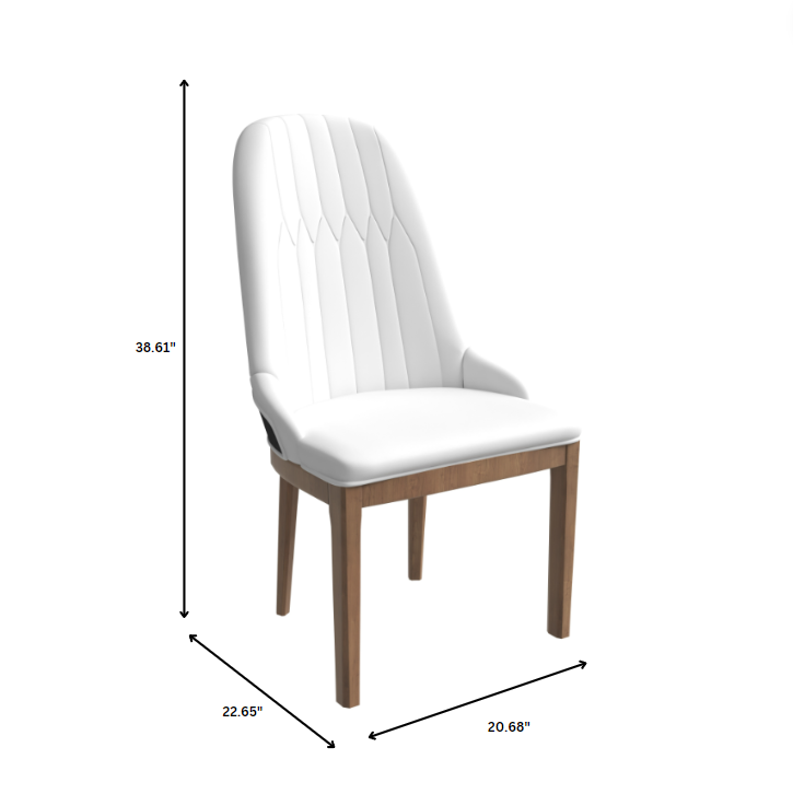 White chair with wooden legs and dimensions displayed on a white background.