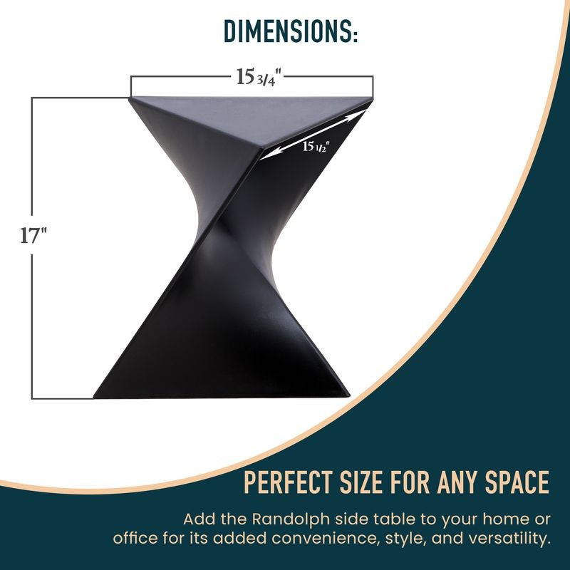 Black side table with dimensions and text about its suitability for any space.