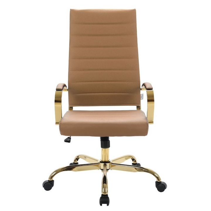 LeisureMod Benmar High-Back Leather Office Chair with Gold Frame Light Brown Front Photo.
