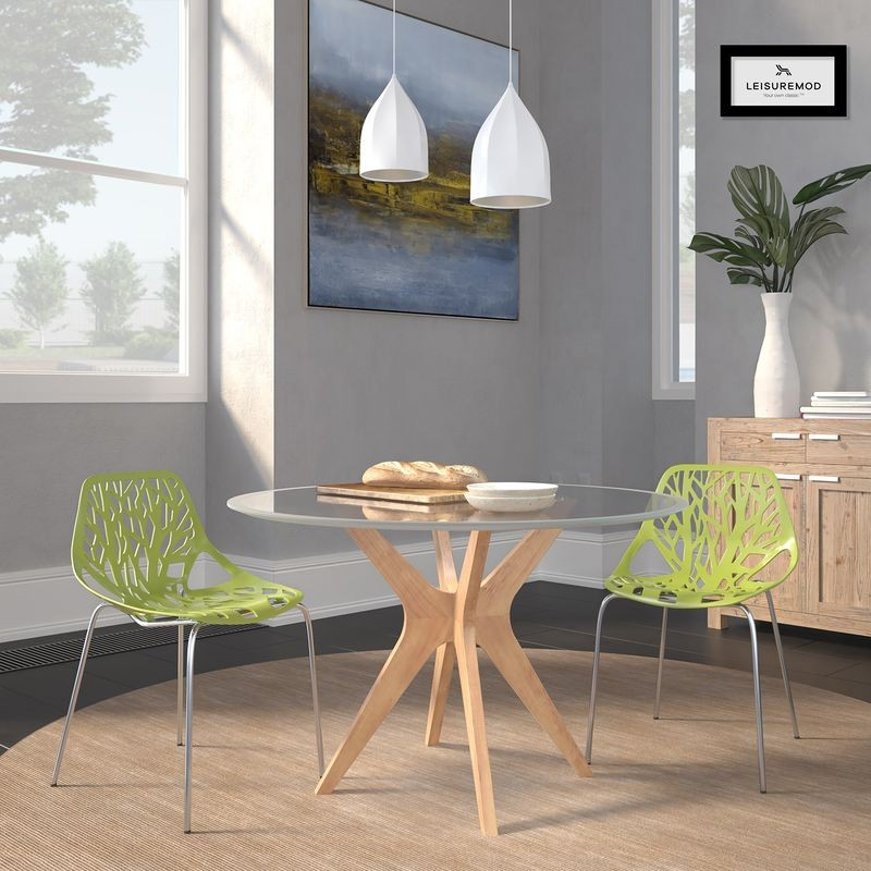 LeisureMod Modern Asbury Dining Chair w/ Chromed Legs, Set of 2 Green at Table.
