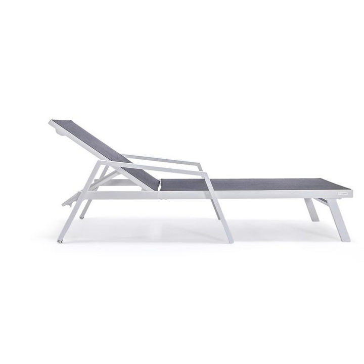 LeisureMod Marlin Patio Chaise Lounge Chair with Armrests in White Aluminum Frame, Set of 2 in Black Side View.