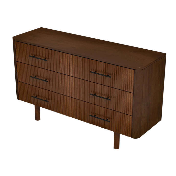 Logan Mid Century Modern Walnut Dresser With 6 Drawers Closeup.