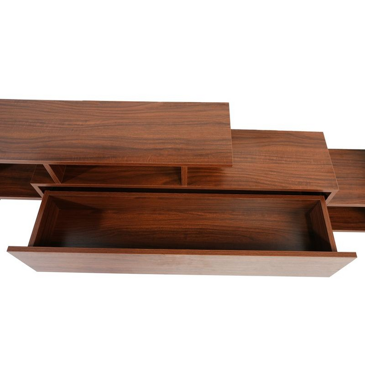 LeisureMod Surrey Modern TV Stand with MDF Shelves and Bookcase in Walnut Closeup.