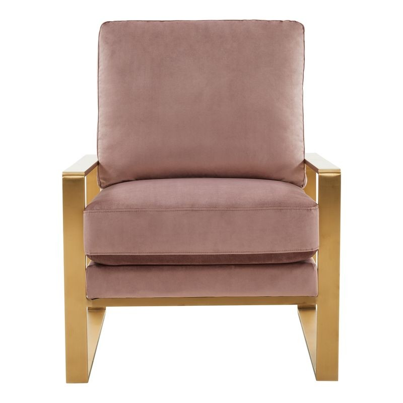 LeisureMod Jefferson Velvet Design Accent Armchair with Gold Brass Finish Frame Pink Photo