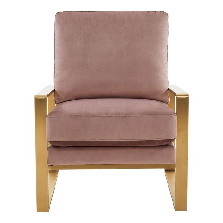 LeisureMod Jefferson Velvet Design Accent Armchair with Gold Brass Finish Frame Pink Photo