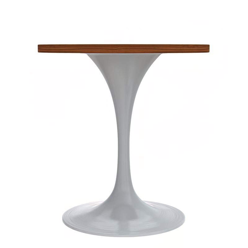 LeisureMod Verve Collection 27 Round Dining Table, White Base with Cognac Brown MDF Top Side View.