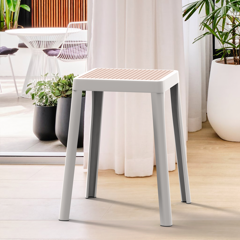 LeisureMod Tresse Series Stackable Poly Stool with Wicker Top in White with Background.