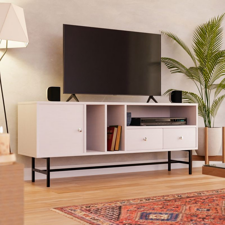 LeisureMod Rochester Modern Rectangular TV Stand with Enclosed Storage and Powder Coated Iron Legs White in Room.